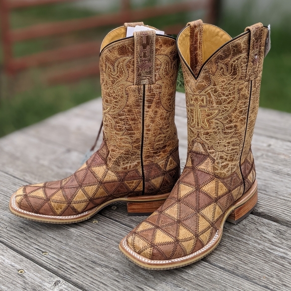 Tin Haul Shoes - TIN HAUL "Don't Be Squared" tan leather patchwork cowgirl boots sz 6.5 NEW NWT